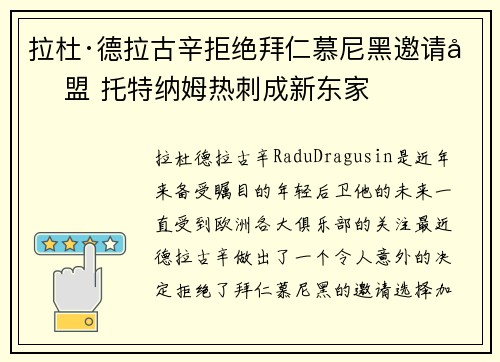 拉杜·德拉古辛拒绝拜仁慕尼黑邀请加盟 托特纳姆热刺成新东家 拉杜·德拉古辛拒绝拜仁慕尼黑邀请加盟 托特纳姆热刺成新东家