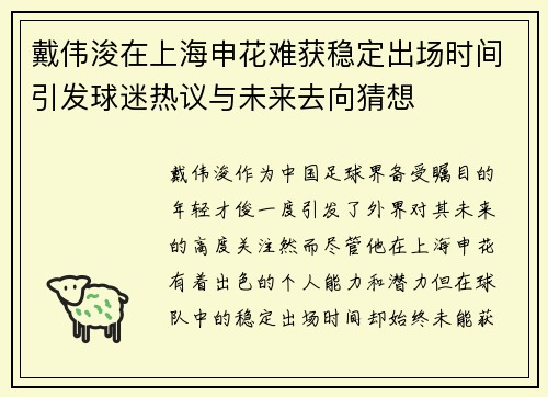 戴伟浚在上海申花难获稳定出场时间引发球迷热议与未来去向猜想